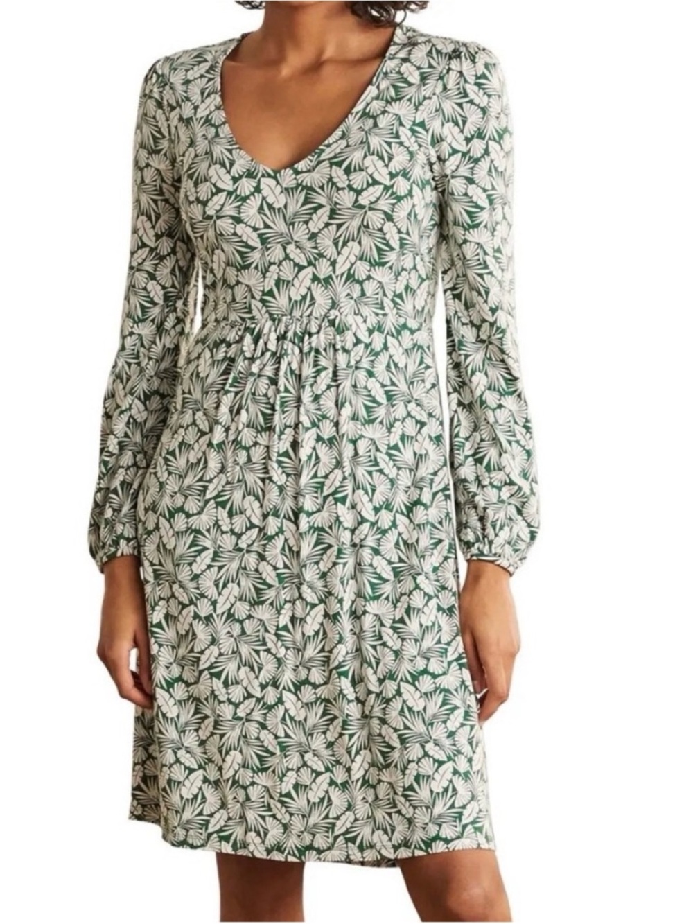 Boden Hattie Jersey Long Sleeve Dress Green Palm Print US 6R